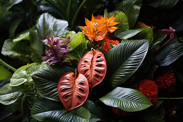 Canvas Print - Red orange flowers and Green leaves. Vertical gardening. 