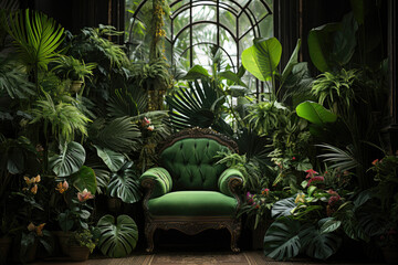 Living room with green armchair near window and many green plants. Green leaves with vegetation in lush green colors. 