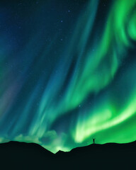 Wall Mural - aurora borealis glowing over hiker standing on mountain in arctic circle
