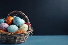 Straw Basket Full Of Colourful Eggs With Blue Background
