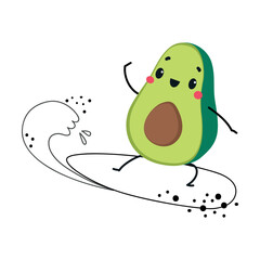 Canvas Print - Funny Avocado Fruit Character Ride Surfboard Enjoying Vacation Vector Illustration