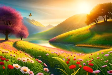 Canvas Print - landscape with flowers