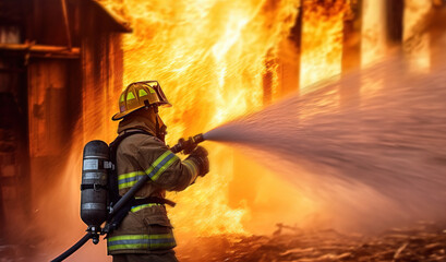 Fireman fights the fire, puts out a burning building.