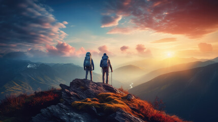 Two mountaineers standing on a mountain with large backpacks, in full mountaineering gear and looking at the mountains