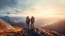 Two Mountaineers Standing On A Mountain With Large Backpacks, In Full Mountaineering Gear And Looking At The Mountains