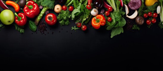 Poster - A background image of healthy food with fresh vegetables and ingredients for cooking is shown from a top view, against a dark background.