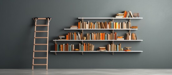 Poster - A contemporary book rack or bookshelves with a library ladder for accessing books, set against a grey wall, providing ample space for copying at the library.