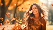Portrait of casual joyful woman enjoy, having fun at the autumn season at park. Fall season fashion. 
