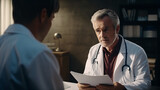 Fototapeta  - A professional physician in a white medical uniform talks to discuss results or symptoms and gives a recommendation to a male patient and signs a medical paper at an appointment visit in the clinic