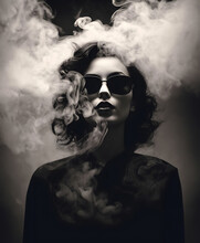 Fashion Surreal Concept. Closeup Portrait Of Stunning Beautiful Woman Girl Surround With Smoke. Illuminated With Dynamic Composition And Dramatic Lighting. Sensual, Mysterious, Advertisement, Magazine