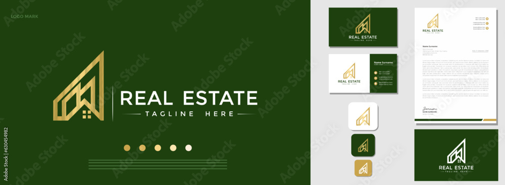 Modern style building real estate logo design with business card and ...