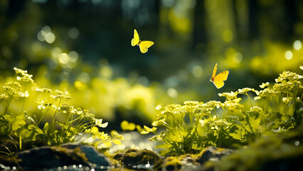 Wall Mural - Forest glade with lots of yellow summer flowers and butterflies on a sunny day