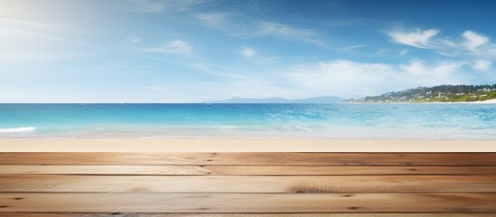 Poster - A wooden table or pier is shown in the presence of a sunny beach and sea in the background. provides an ample amount of space for featuring and promoting your product.