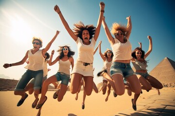 Wall Mural - a group of young diverse people students jumping for a photo on a wide angle on a vacation in the desert sunny land egypt, pyramids behind. Generative AI technology