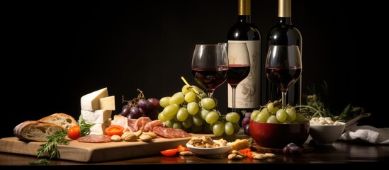 Poster - wine bottles and glasses on a table, representing wine drinking culture. It portrays appetizers and survivors. The photo has a dark background, allowing for copy space.