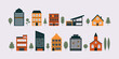 Minimal residential buildings. Geometric cityscape with house, skyscraper, church and trees, simple flat city constructor. Vector set