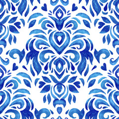 gorgeous seamless blue floral watercolor pattern oriental tiles fabric design