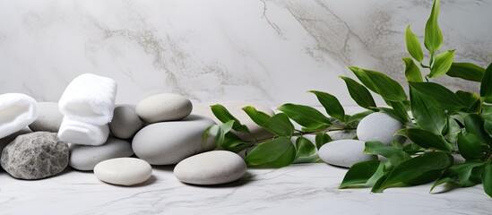 Aufkleber - The background concept for a spa is depicted by the presence of white stones, a towel, and green plant leaves on a marble background, providing room for customization. This concept represents body