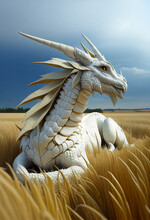 A Large White Dragon Sits In A Wheat Field. AI Generated