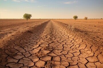 Aufkleber - a dried field with cracked earth.