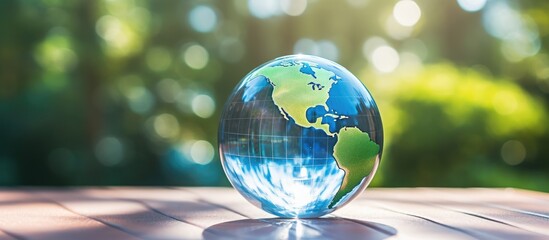 a close-up image of a glass globe placed on a table, with a copy space background for adding text. t