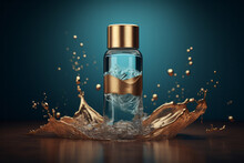 Skin Care Tonic Water Bottle Template In Liquid Splash. Teal And Gold Micellar Container Mockup
