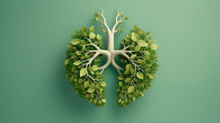 Human lungs made of green leaves isolated on flat green background with copy space. Creative icon of lungs, healthy breathing, clean air, inhalation. 3d render illustration style.