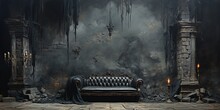 Generative AI, Gothic Ruined Black Interior And Landscape In The Style Of Gloomy Fantasy