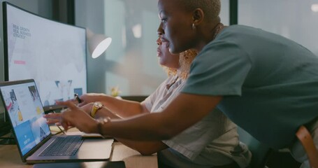 Leinwandbilder - Computer, research or programmer women team for cybersecurity, app coding or data analysis in office. Hacker, developer or employee on tech for software code, programming or startup analytics review.