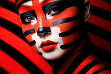 Generative AI Illustration Of Portrait Young Attractive Woman With Painting In With Their Face Red And Stripes Black Looking At Camera