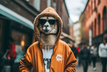 Street Fashion Alpaca With Sunglasses. Urban Hustle And Bustle Like London Or New York, Street Style, Hipster Concept, Funny And Cute Animals. Fictional Place. Made With Generative AI