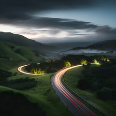 Wall Mural - daytime photograph of highway in the mountains with light trails, in the style of traditional landscapes, soft, richly coloured blue skies, rim lights