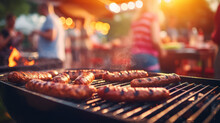 People Enjoying A Summer BBQ With Hot Dogs Cooking On The Grill - Food Photography