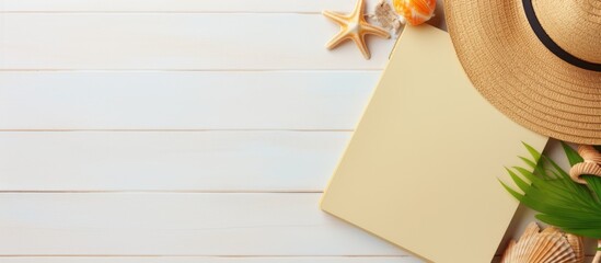 Poster - A writing book with summer beach accessories on the background is shown in a flat lay style. copy space available for writing or adding any text.