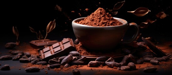 Poster - The idea of chocolate and cacao is illustrated by a bowl of cocoa powder, alongside cocoa beans and broken chocolate on a black background.