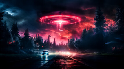 neon futuristic ufo saucer with glowing ,alien, invasion, sighting, galaxy, fly, technology,generative ai