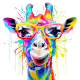 Cartoon colorful giraffe with sunglasses no background, isolated, png