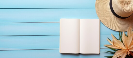 Poster - A flat lay of a blank writing book with summer beach accessories in the background. copy space available.