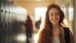 © Julija - Portrait of a young teenage girl in school at the locker-lined hallway. Generative AI