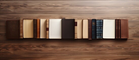 Poster - Different books are arranged on a wooden floor, with a brown wood parquet background. empty space available for writing. This setup represents the idea of going back to school and is shown from a