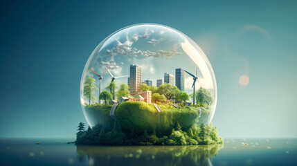 Eco city in a glass sphere. Ecology concept