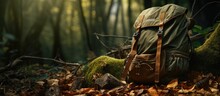 A Travel Camping Backpack Or A Military Hunting Bag Is Resting On The Forest Floor Next To A Tree. It Represents The Concepts Of Travel, Hiking, And Camping. Empty Space Available For Text.
