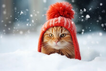 A Cute Ginger Cat In A Red Knitted Hat Sits In The Snow. Snowy Winter Background. Concept Of Pets Family Members.