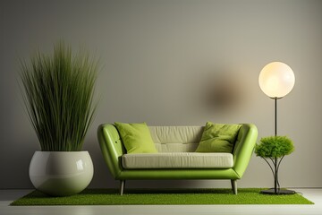 Canvas Print - Contemporary sofa and armchair adorned with a vase filled with grass, accompanied by a stylish lamp.