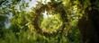 A lovely wreath made of meadow flowers is hanging on a tree against a backdrop of vibrant green. It represents floral decoration and signifies the arrival of summer during the solstice day. The wreath