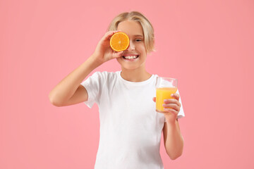 Sticker - Little boy with glass of juice and orange on pink background