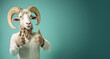 Cute funny ram - male sheep, smiling, showing approving thumbs up to appreciate good work or product. Wide banner with copy space side. Generative AI