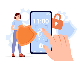 Poster - Woman with phone protection concept. Young girl with lock near smartphone. Safety and security of personal data. Authentication, verification and authorization. Cartoon flat vector illustration