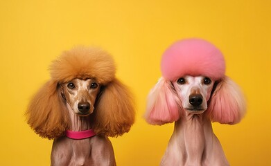 Canvas Print - Pair of poodle dogs isolated on yellow background. Studio shot.