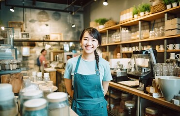 Portrait of smiling female staff in apron standing in coffee shop